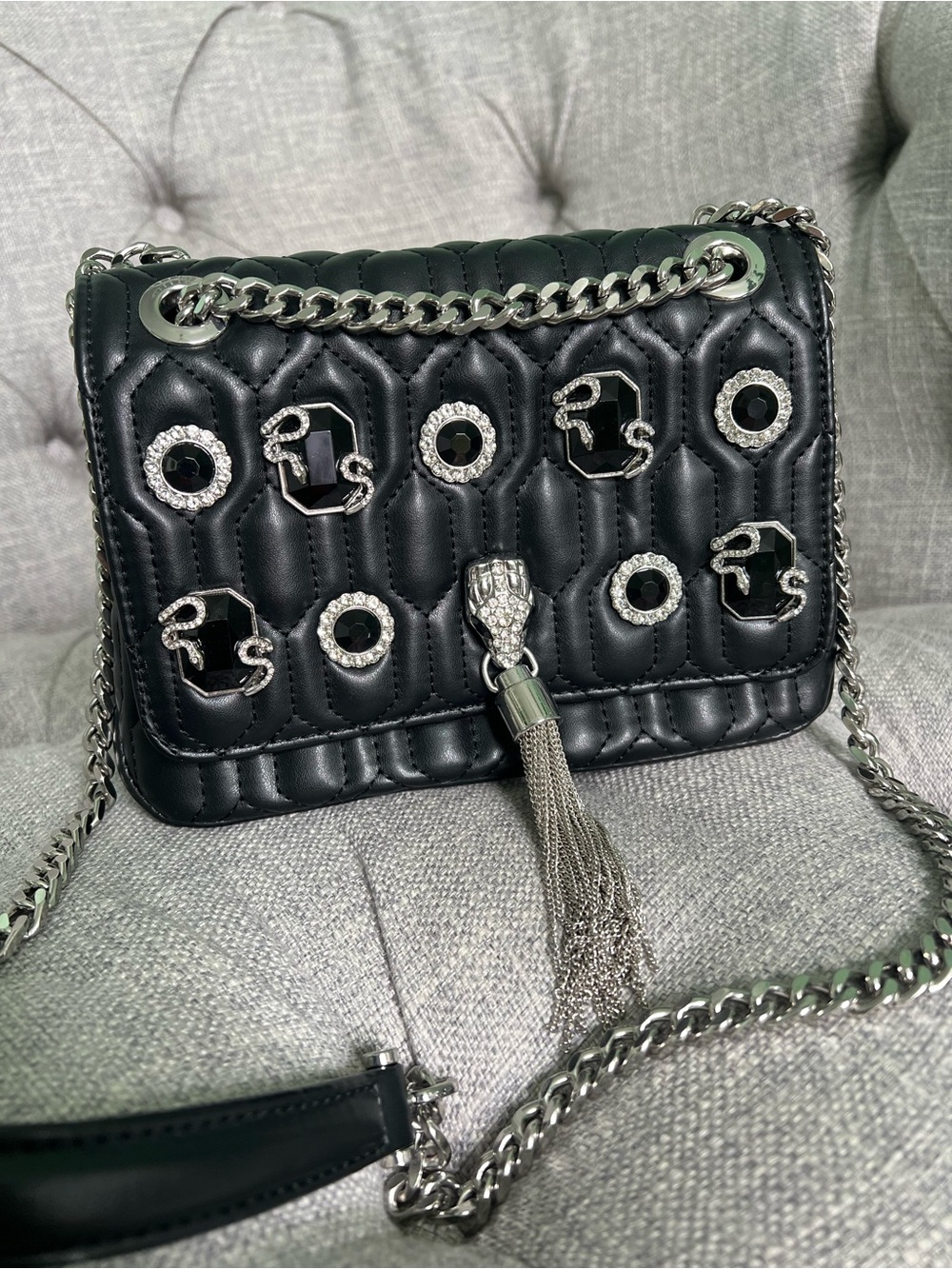 Aldo Black Quilted Crossbody with Silver Tassel and Hardware